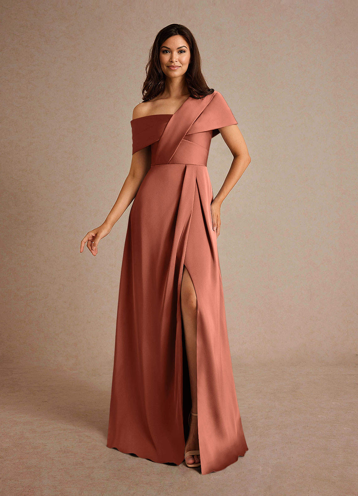 Azazie Milton Mother of the Bride Dresses Clay A-Line Pleated Stretch Satin Dress image1