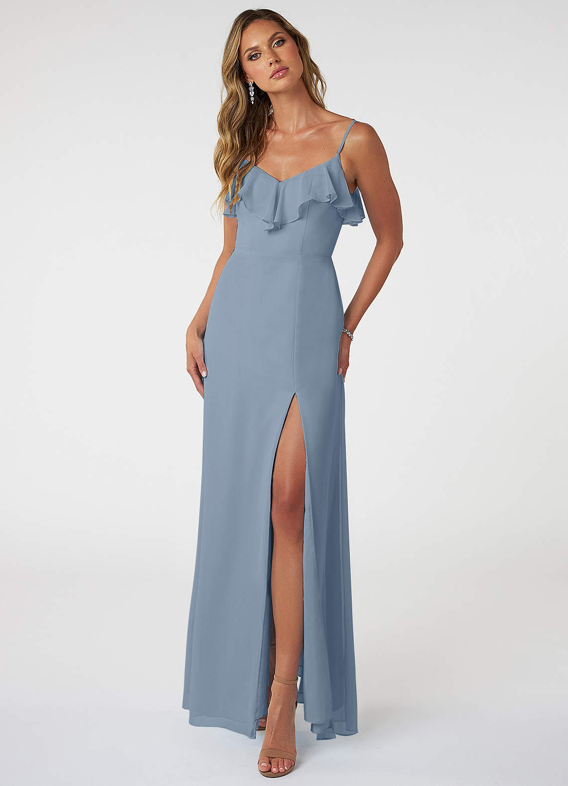 Azazie Natalia Bridesmaid Dresses Dusty Blue A-Line Chiffon Dress image1