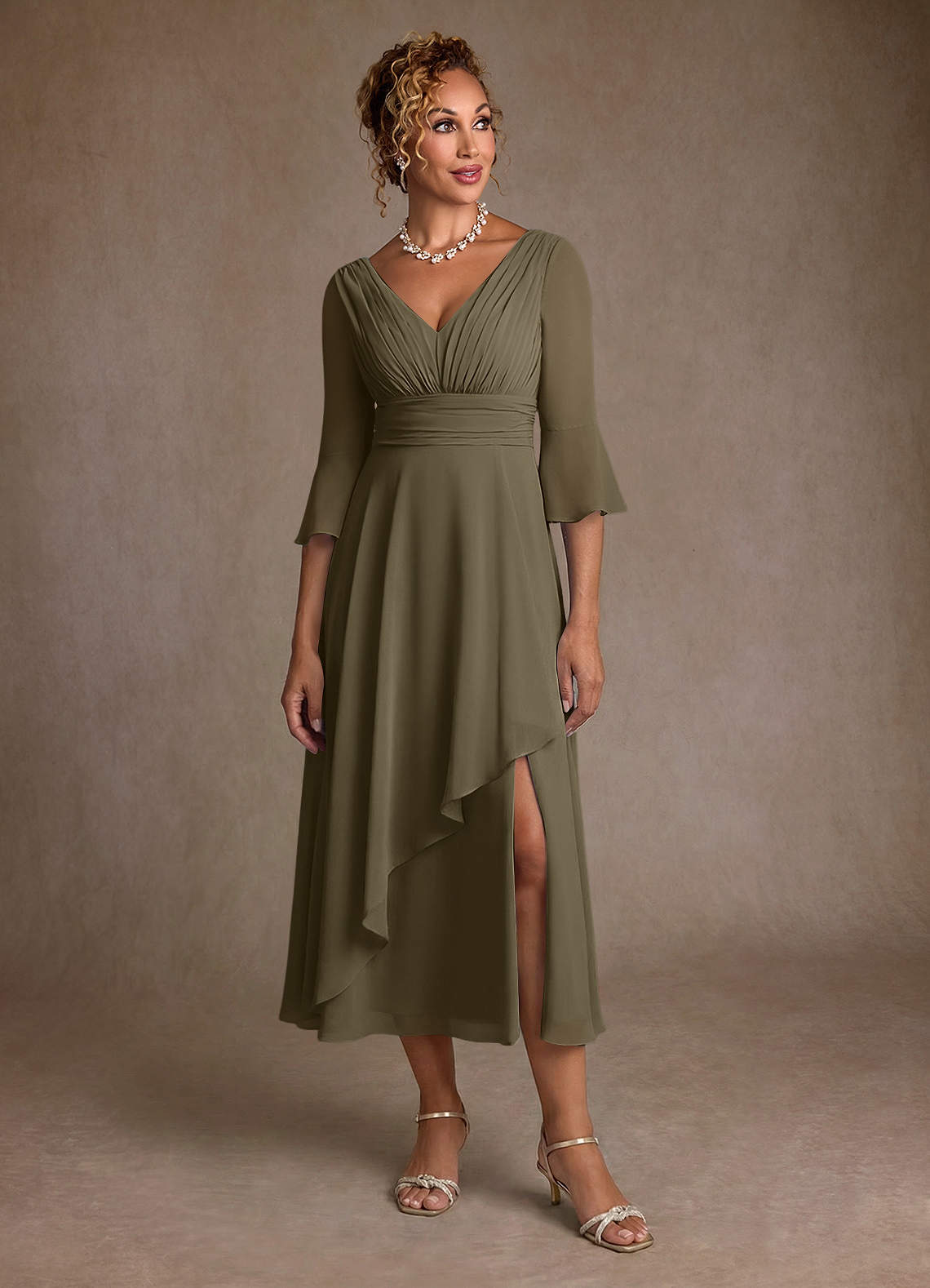Azazie Aerynne Kleider für die Brautmutter A-Linie Plissee Chiffon Kleid Weidengrün image3