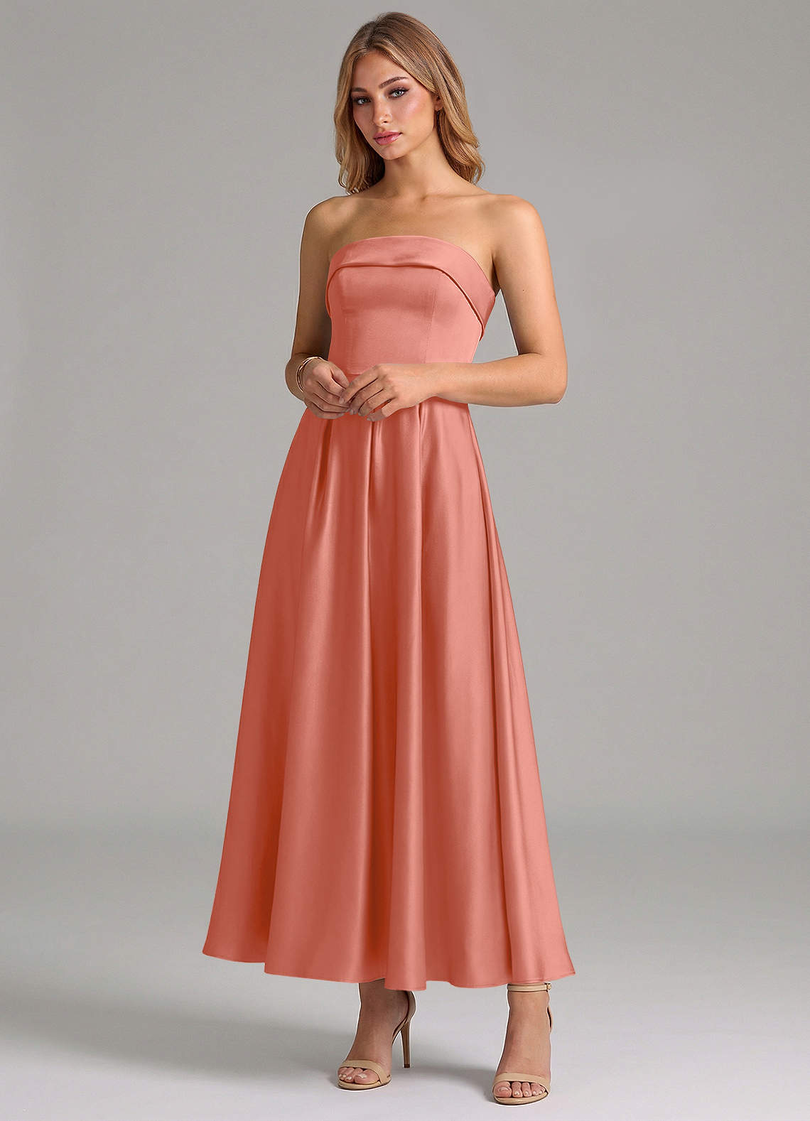 salmon cocktail dress Azazie Lucienne Ready to Ship Pink Stretch Satin Bridesmaid Dresses What Were The Ffa Size:US 7 / EU 38 outerspace Prom dress floral day wear and any