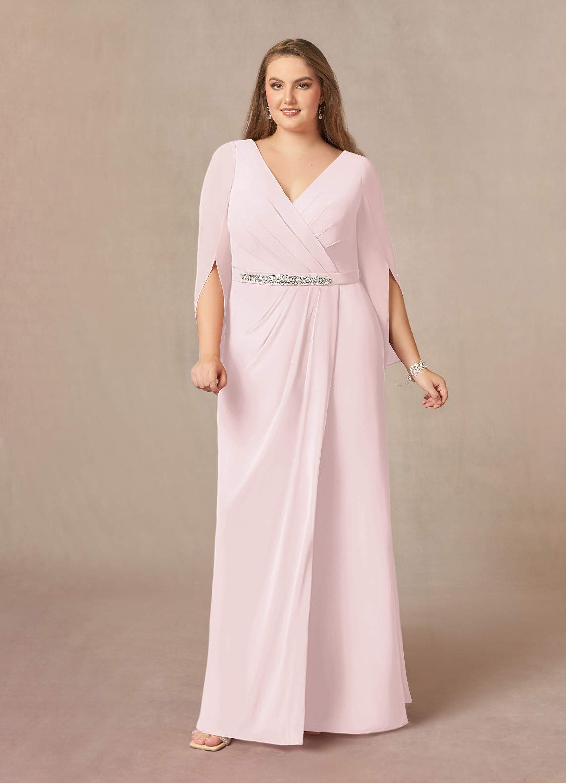 A-line V-Neck Long Sleeve Chiffon Dress Blushing Pink Plus Size