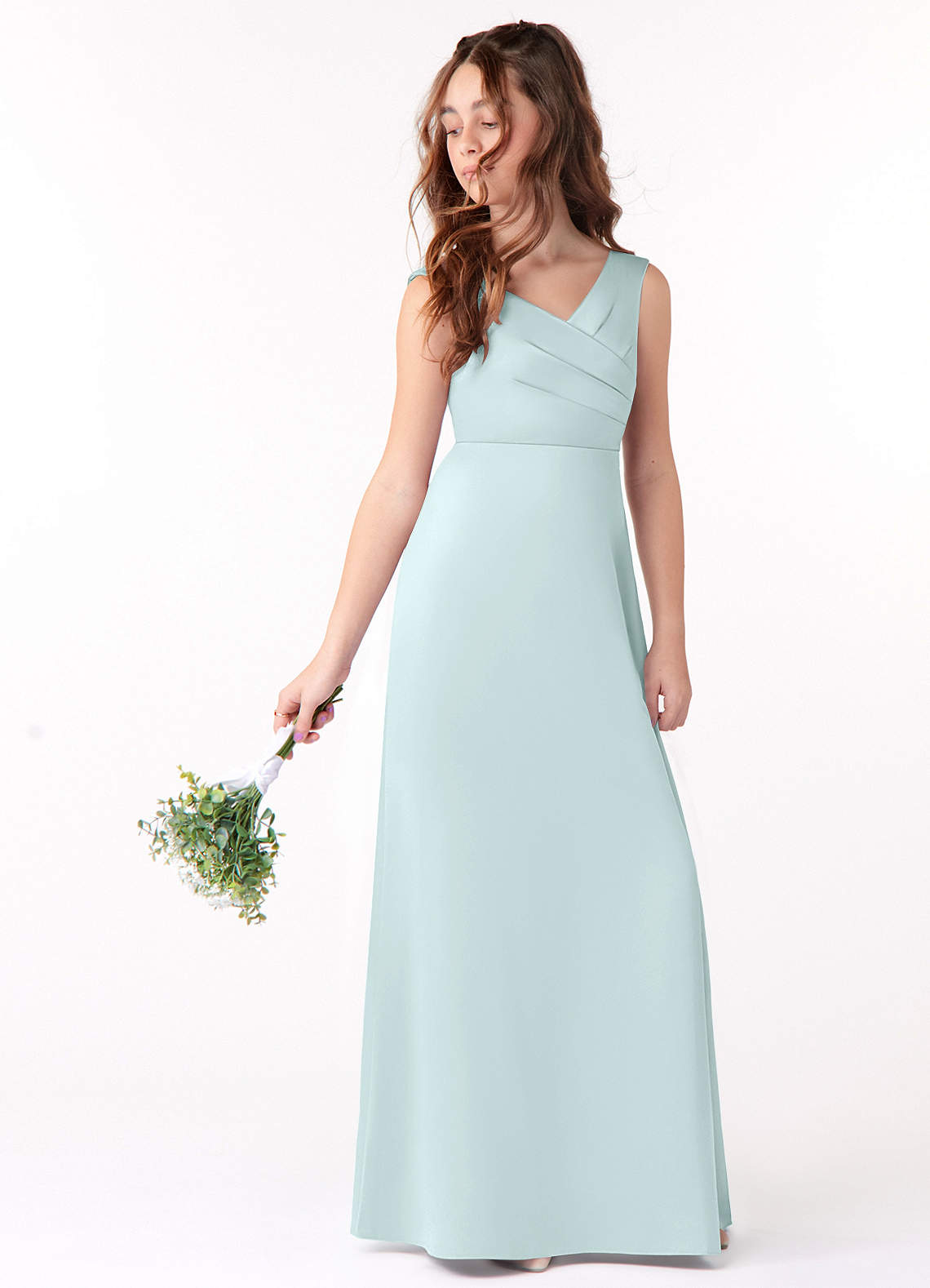 Azazie Sadia Junior Sea Glass A-Line Pleated Stretch Satin Dress image1