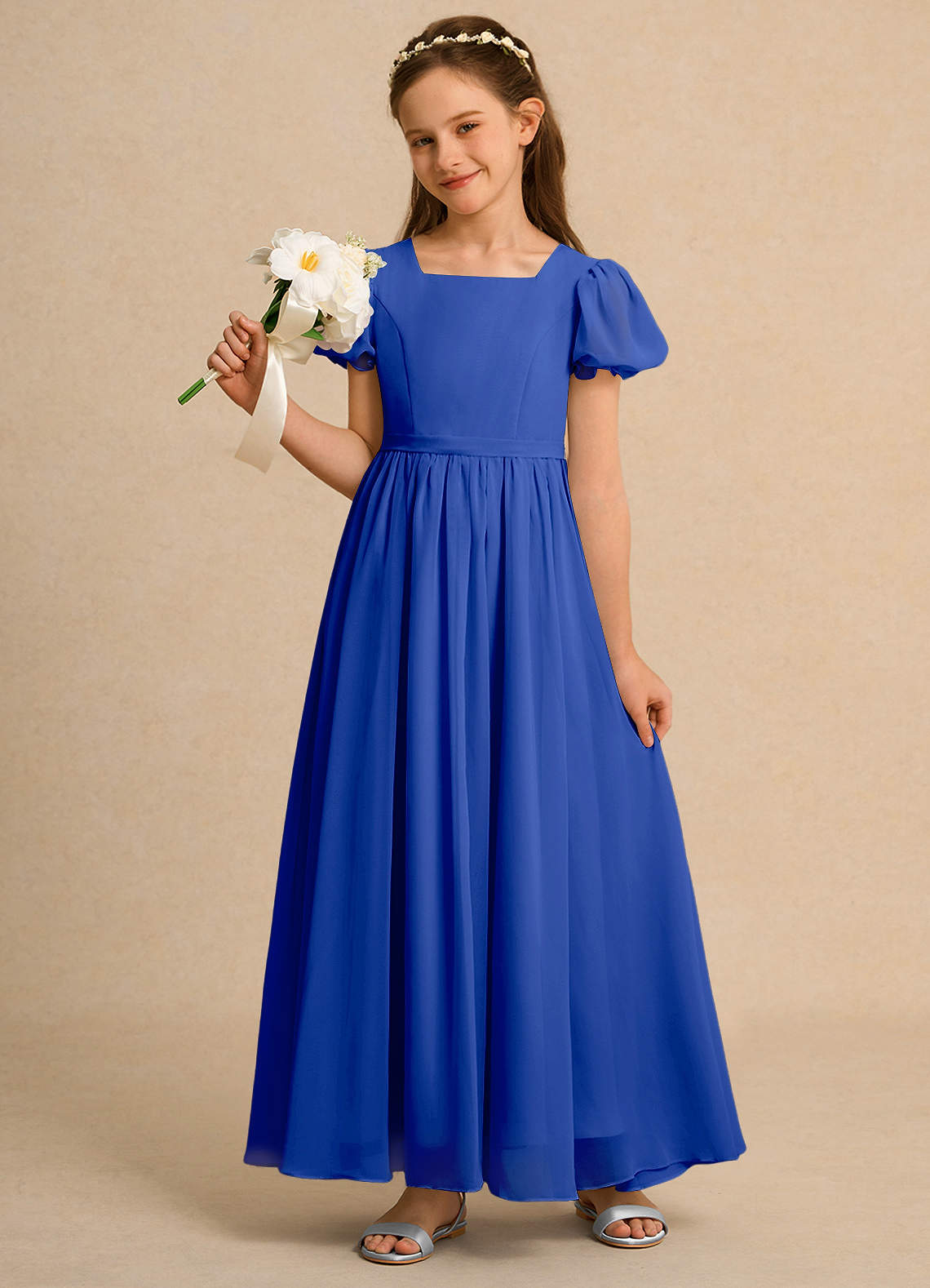 Azazie Lilia Girl Blumenmädchenkleider A-Linie mit ärmel Chiffon Kleid Königsblau image1