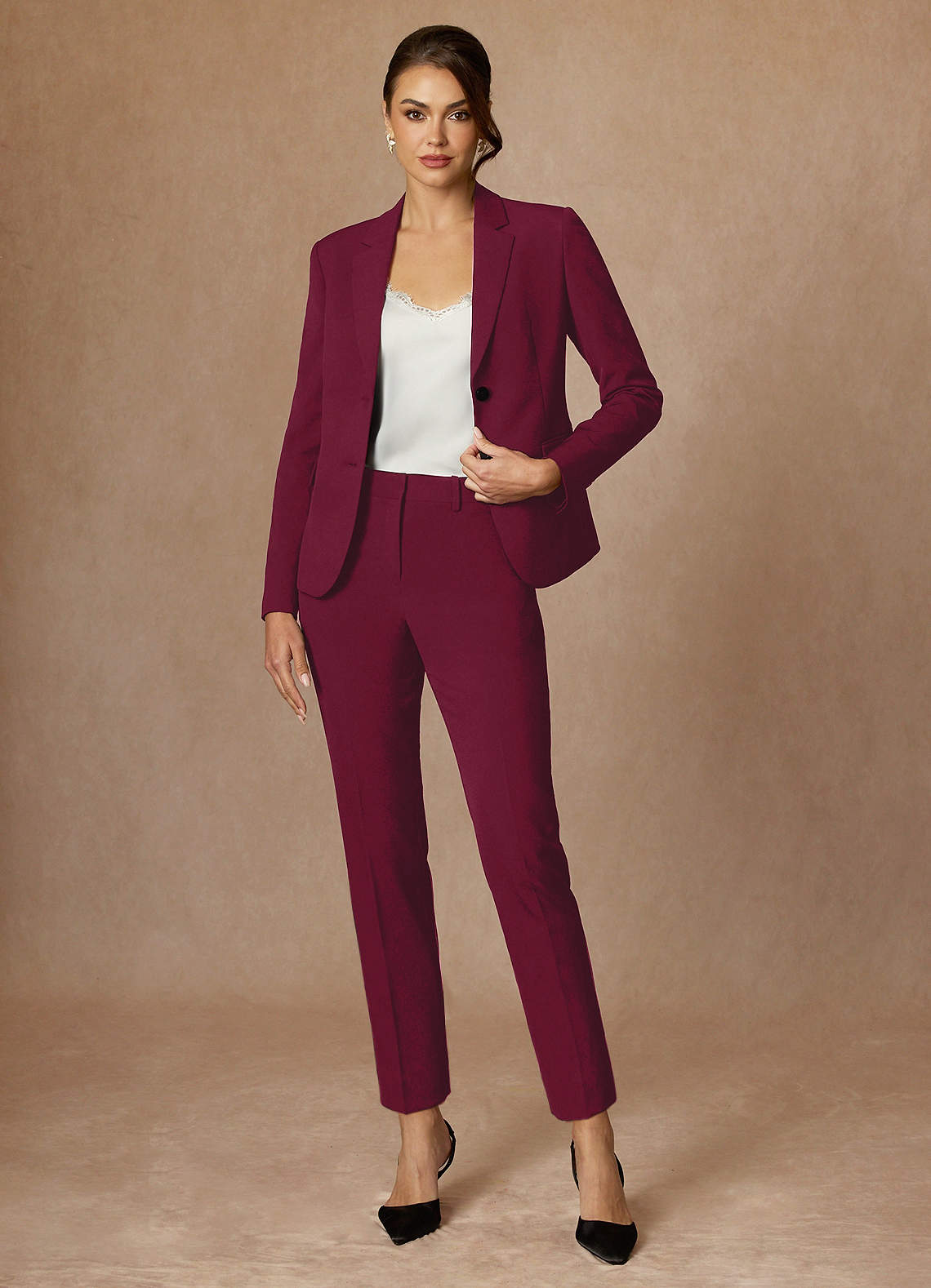 front Whitney Burgundy Structured Stretch Full Length Dress Pants