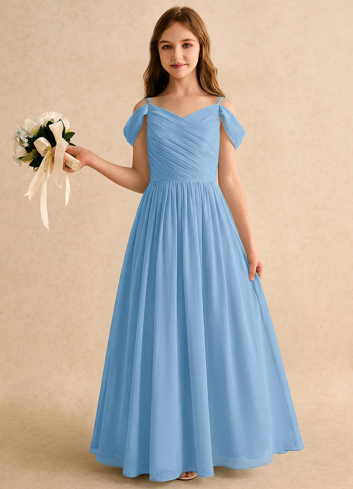 blue pleated chiffon dress PLEATED CHIFFON LONG SLEEVE TEA LENGTH GOWN CDCD242S