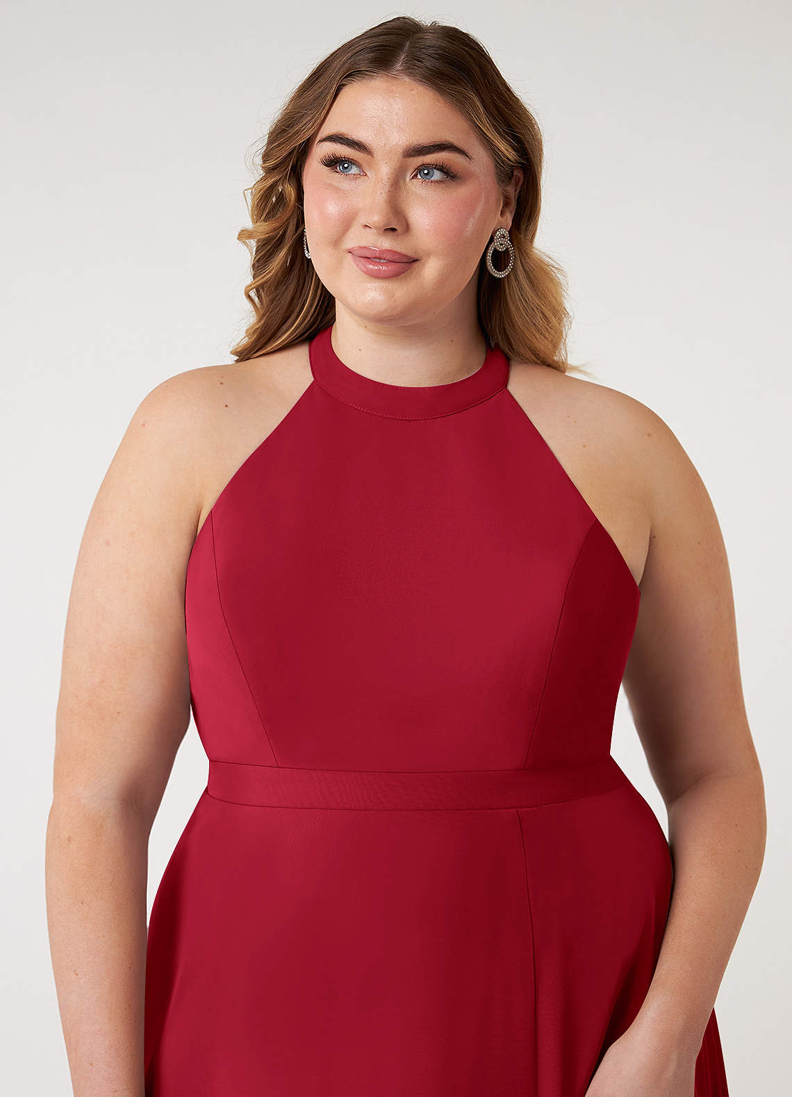 Azazie Plus Size A-Line Halter Neck Floor-Length Chiffon Bridesmaid Dresses - Scarlet