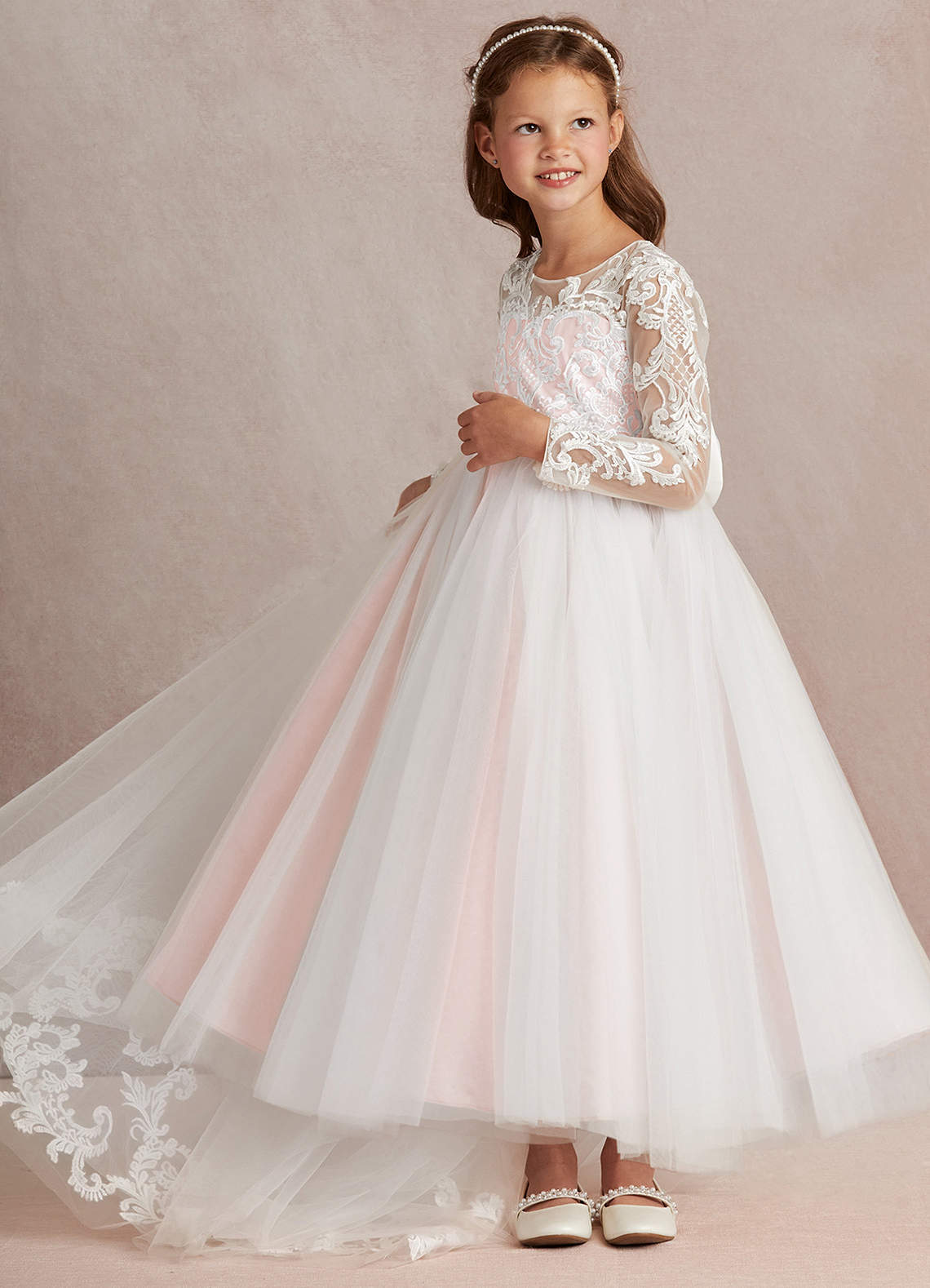 Azazie Elodie Robe Demoiselle D'honneur Fillette Robe Princesse en Dentelle Ivoire Rose Rougissant image4