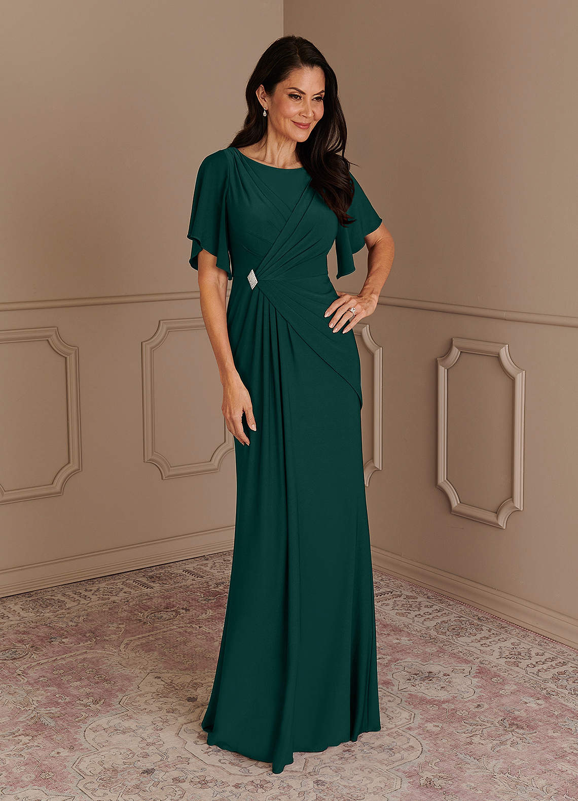 Azazie Louanne Mother of the Bride Dresses Pine Mermaid Boatneck Pleated Luxe Knit Dress image1