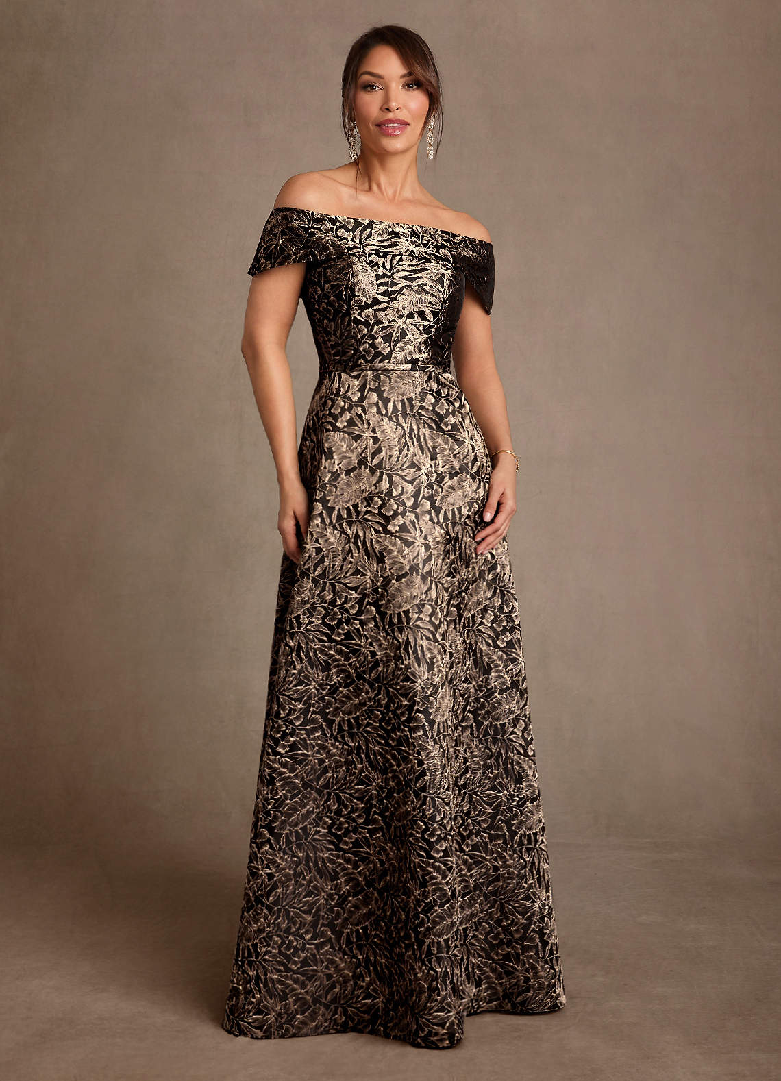 Azazie Jossie Ebony Gold Jacquard A-Line Off the Shoulder Jacquard