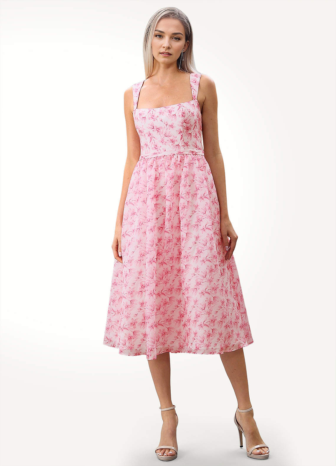Multicolour Floral Print Square Neck High Waist Plus Size Dress
