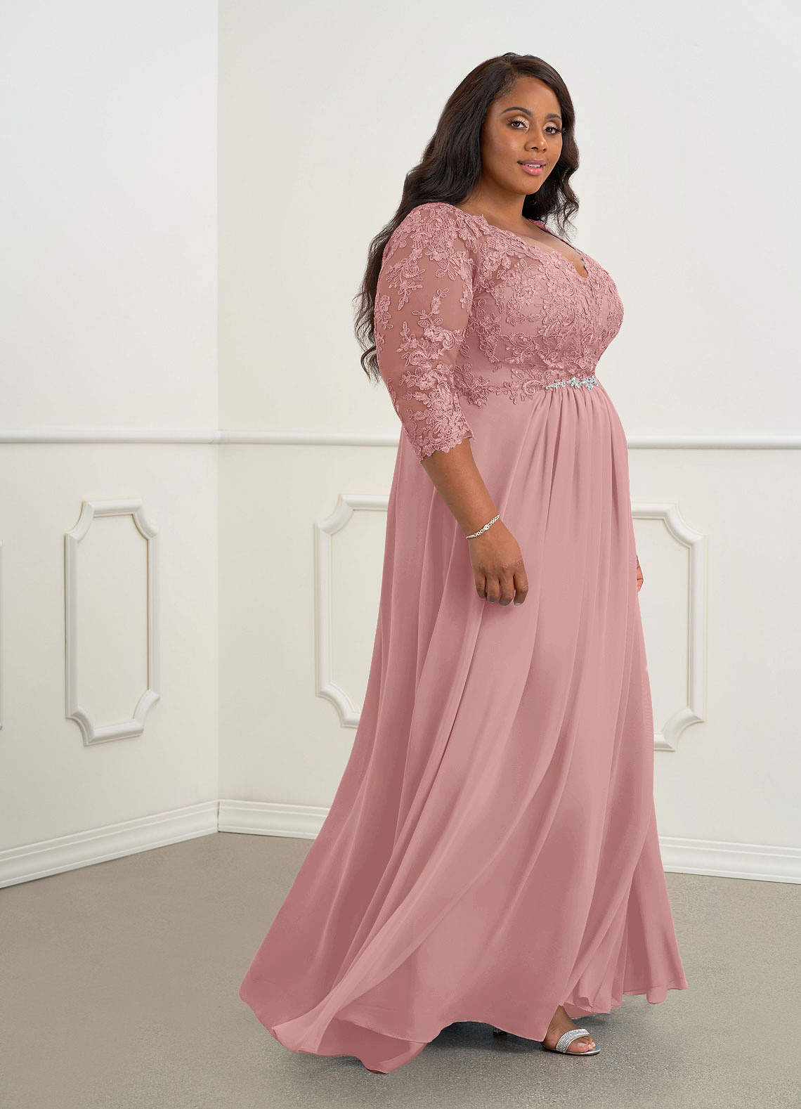 Azazie Hayek Dusty Rose A-Line V-Neck Lace Chiffon Dress | Azazie