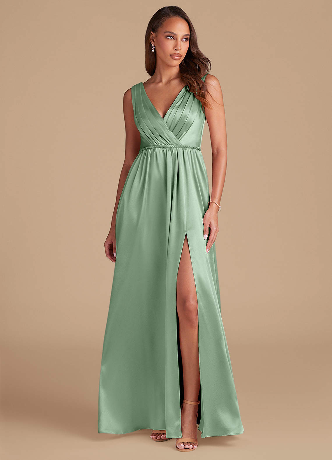 Azazie Tanicia Bridesmaid Dresses Matcha A-Line Pleated Metallic Satin Dress image1