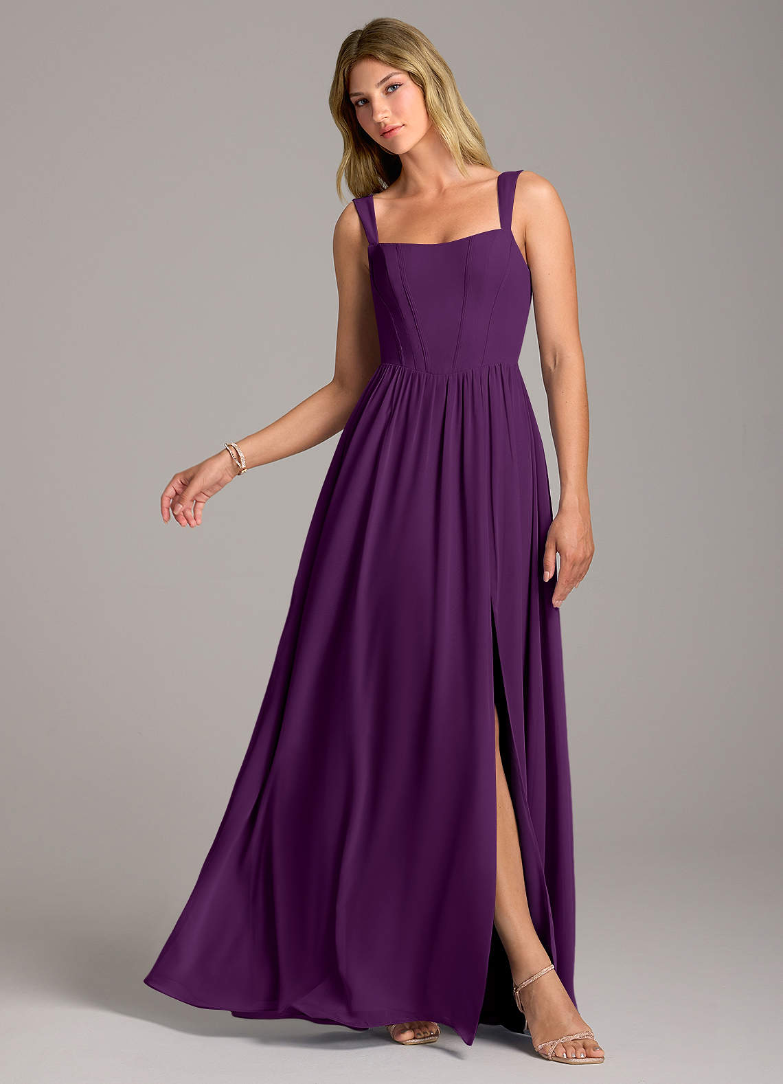 Azazie Rosaline Bridesmaid Dresses Grape A-Line Side Slit Chiffon Dress image1