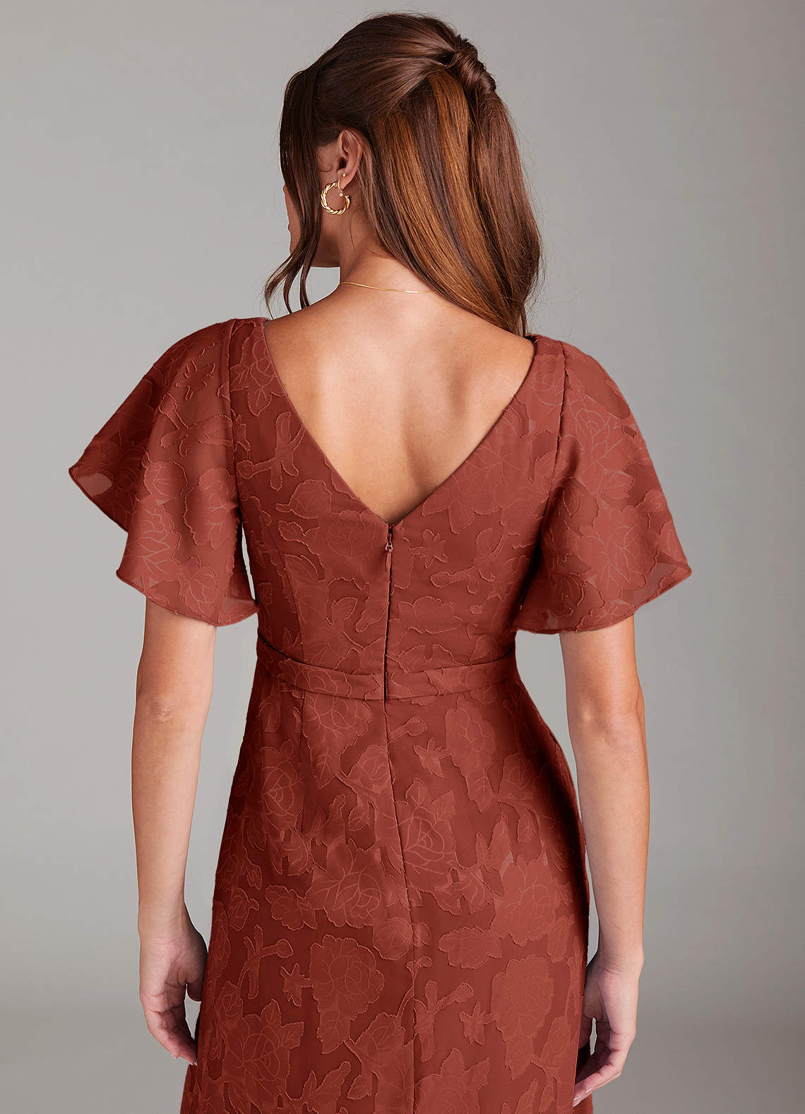Azazie Ambrosia Robes de demoiselle d'honneur Robe Trapèze en Blumen-Burnout Plissée Terracotta image1