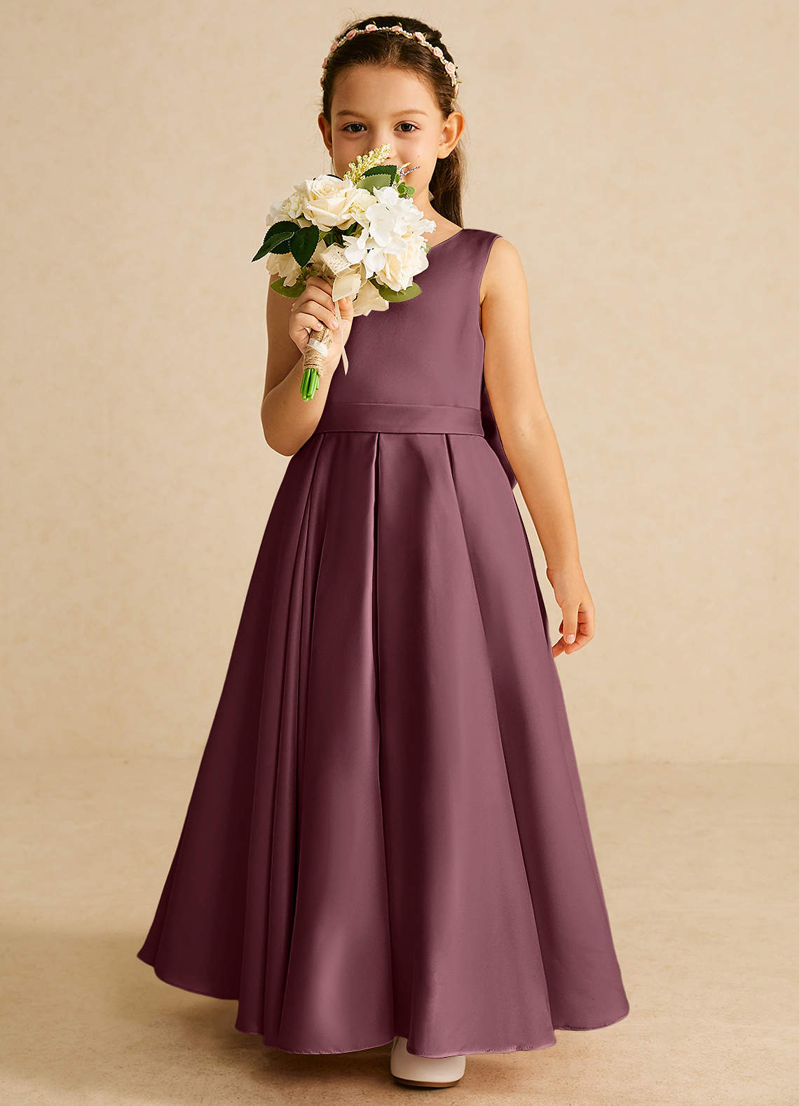 Azazie Pipsy Flower Girl Dresses Sangria A-Line Bow Matte Satin Dress image4