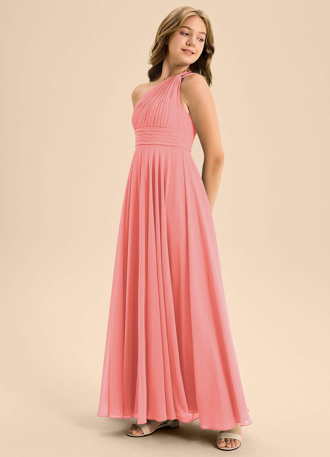 Azazie Charlize Junior Vestido Coral de Chiffon de Linha A com Plissado image3