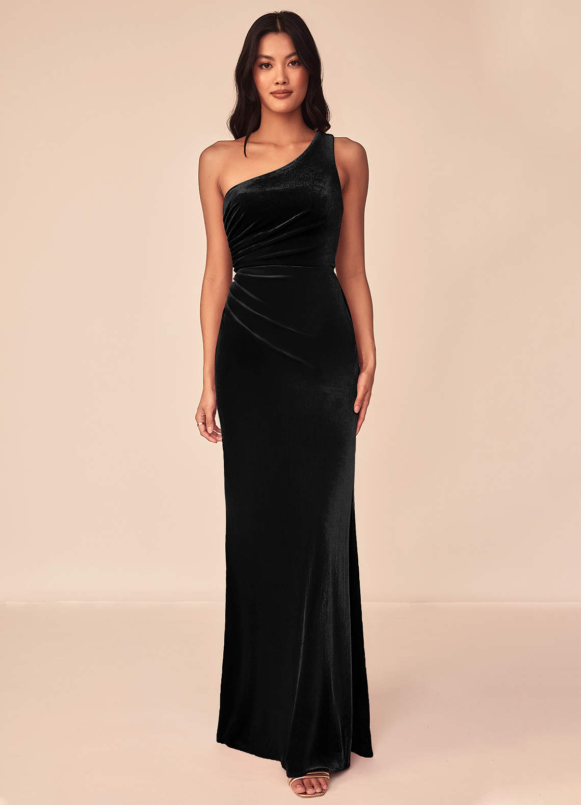 Azazie Argan Bridesmaid Dresses Black A-Line One Shoulder Pleated Velvet Dress image1