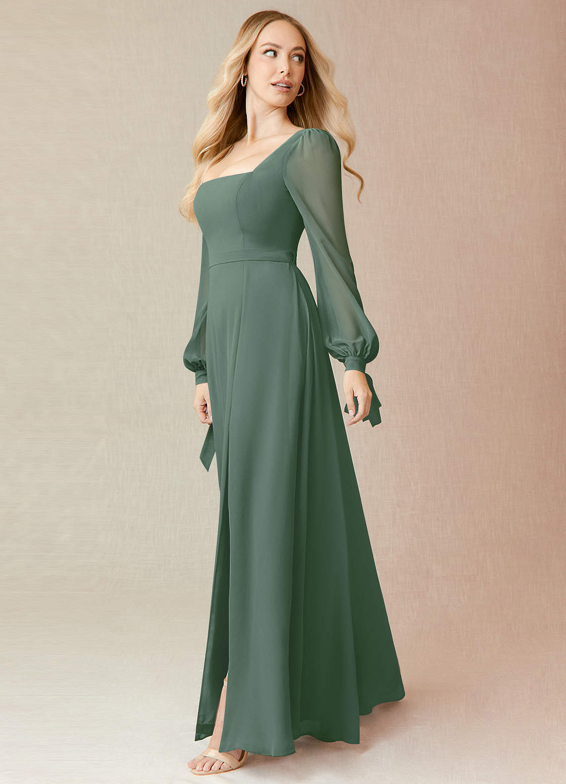 Azazie Leonia Bridesmaid Dresses Eucalyptus A-Line Long Sleeve Chiffon Dress image3