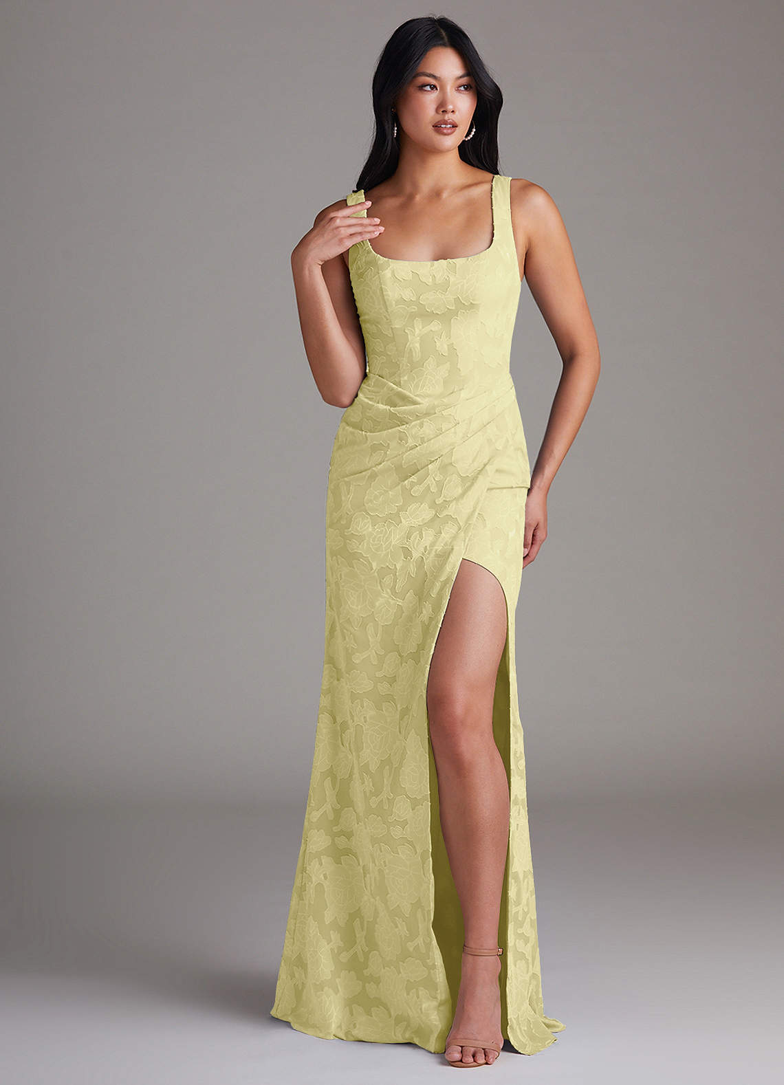 Azazie Mero Bridesmaid Dresses Lemon Sorbet Sheath Pleated Floral Burnout Dress image1