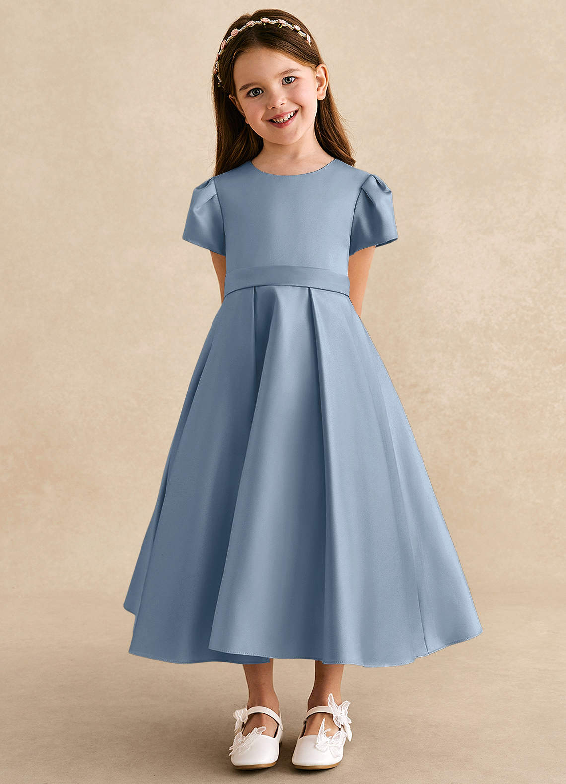 Azazie Princess Flower Girl Dresses Dusty Blue A-Line Pleated Matte Satin Dress image5