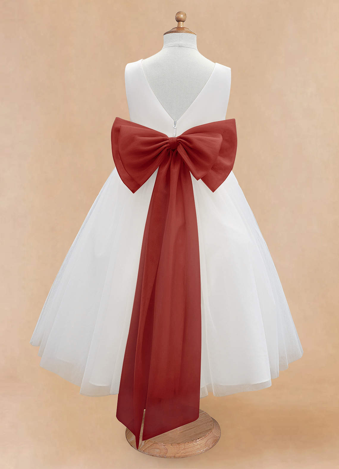 Azazie Kavi Ivory Terracotta A-Line Bow Matte Satin Dress