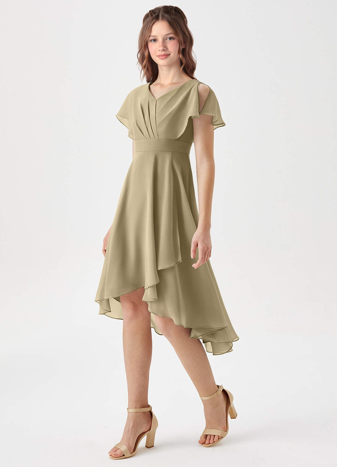 Azazie Graciela Junior Moss Green A-Line Pleated Chiffon Dress image1