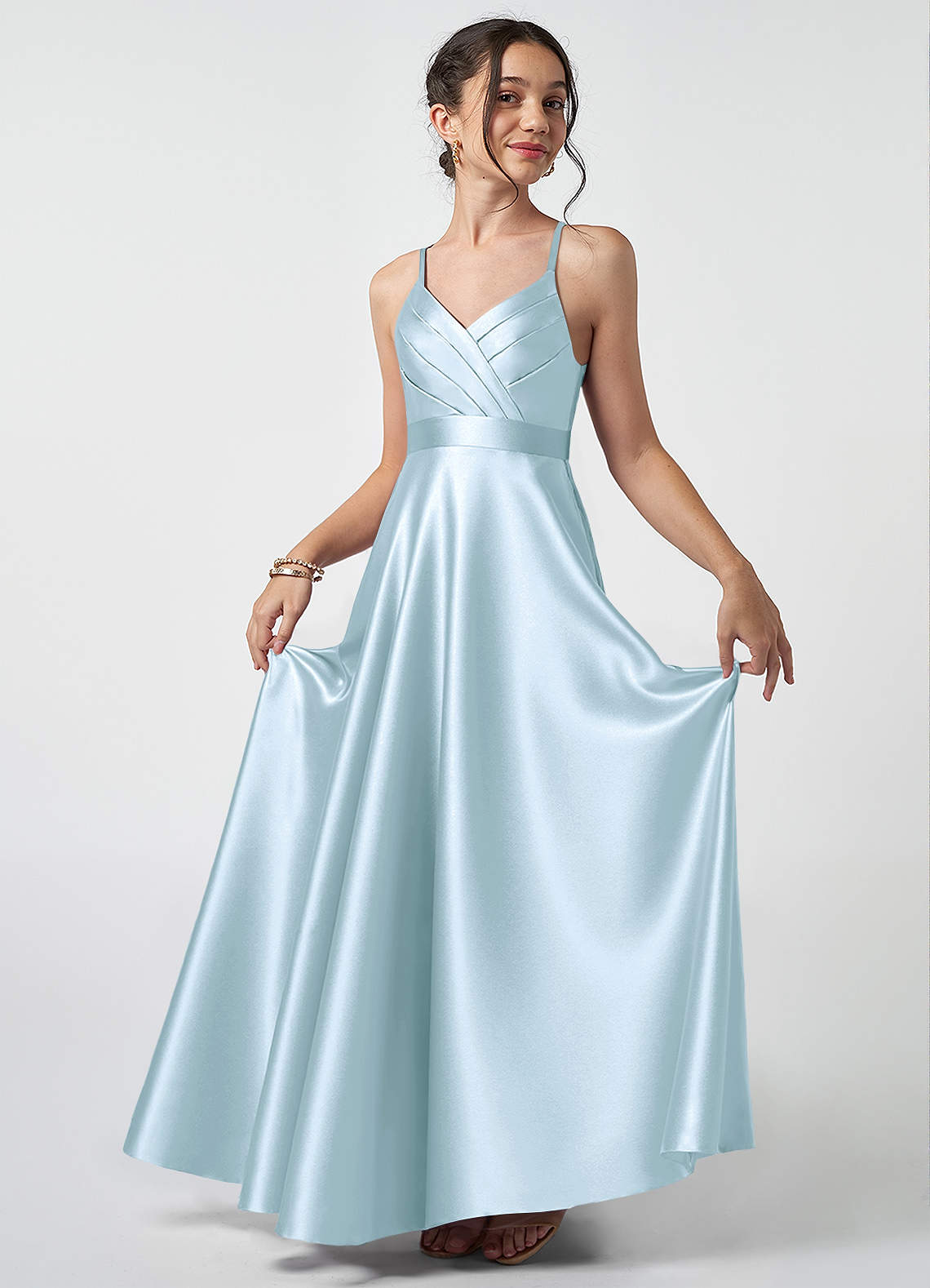 Azazie Avelina Junior Sky Blue A-Line Pleated Metallic Satin Dress image1