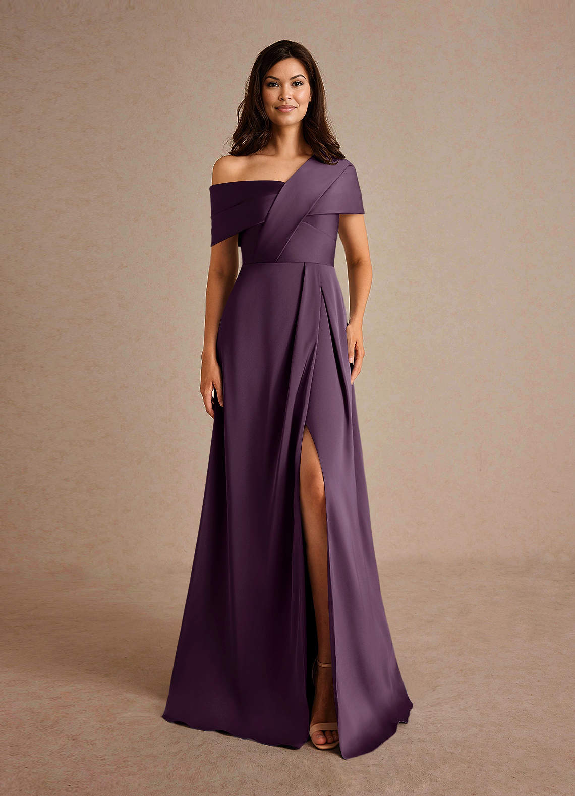 Azazie Milton Mother of the Bride Dresses Plum A-Line Pleated Stretch Satin Dress image6