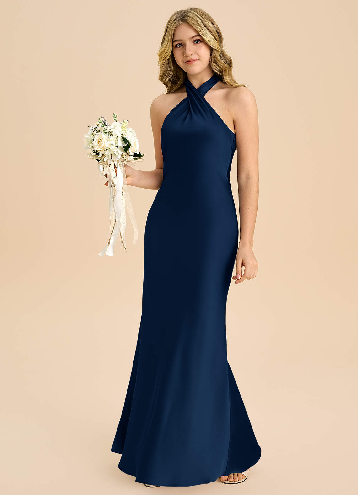Azazie Chickie Junior Dark Navy Sheath Pleated Stretch Satin Dress image3