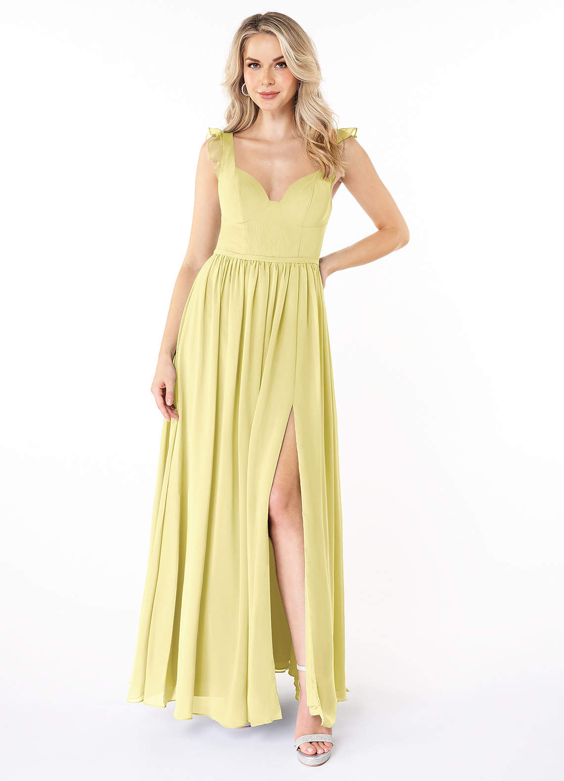 Azazie Stassie Bridesmaid Dresses Lemon Sorbet A-Line Sweetheart Ruched Chiffon Dress image1