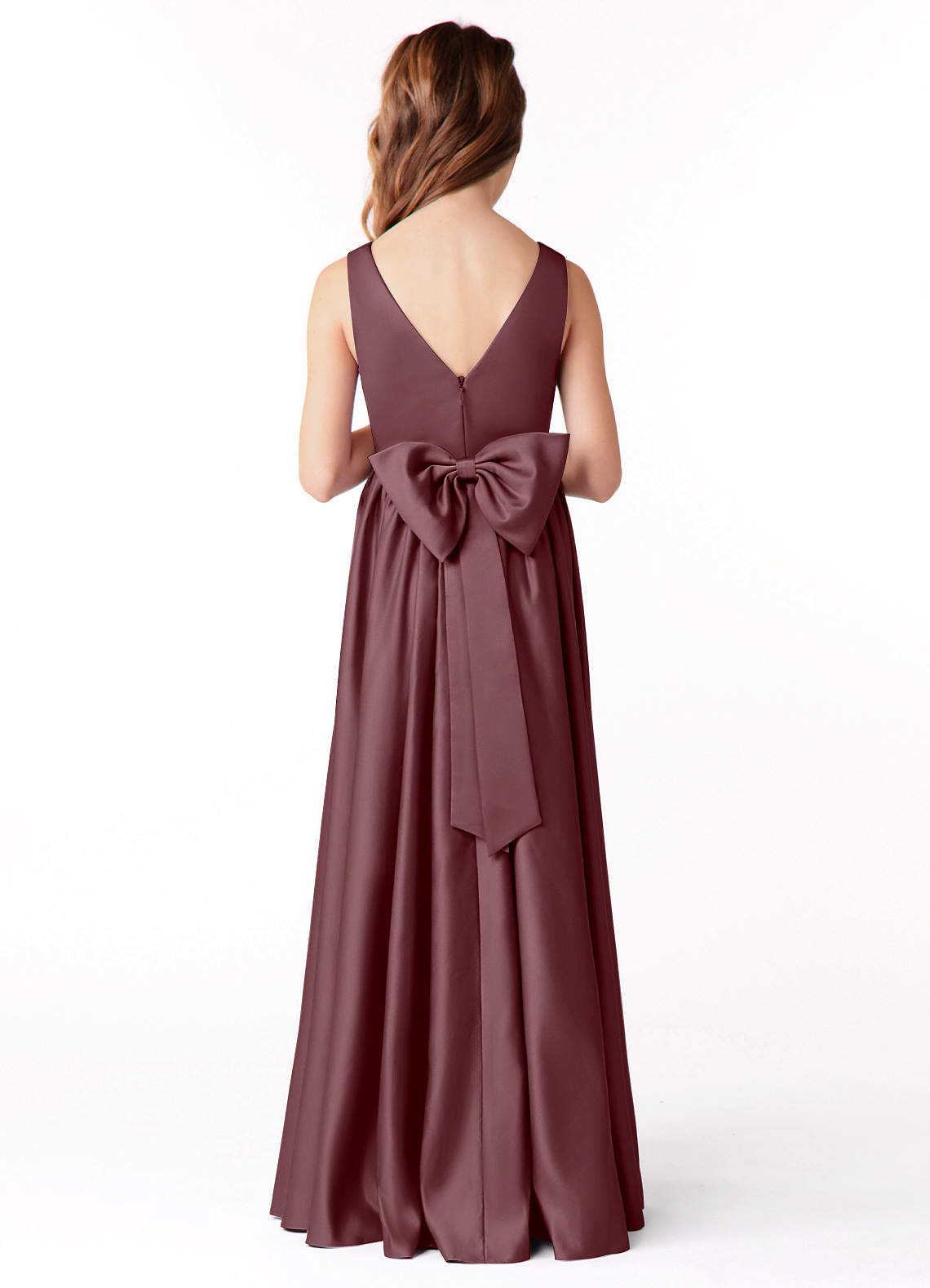 Azazie Hathaway Junior Sangria A-Line Bow Stretch Satin Dress image1