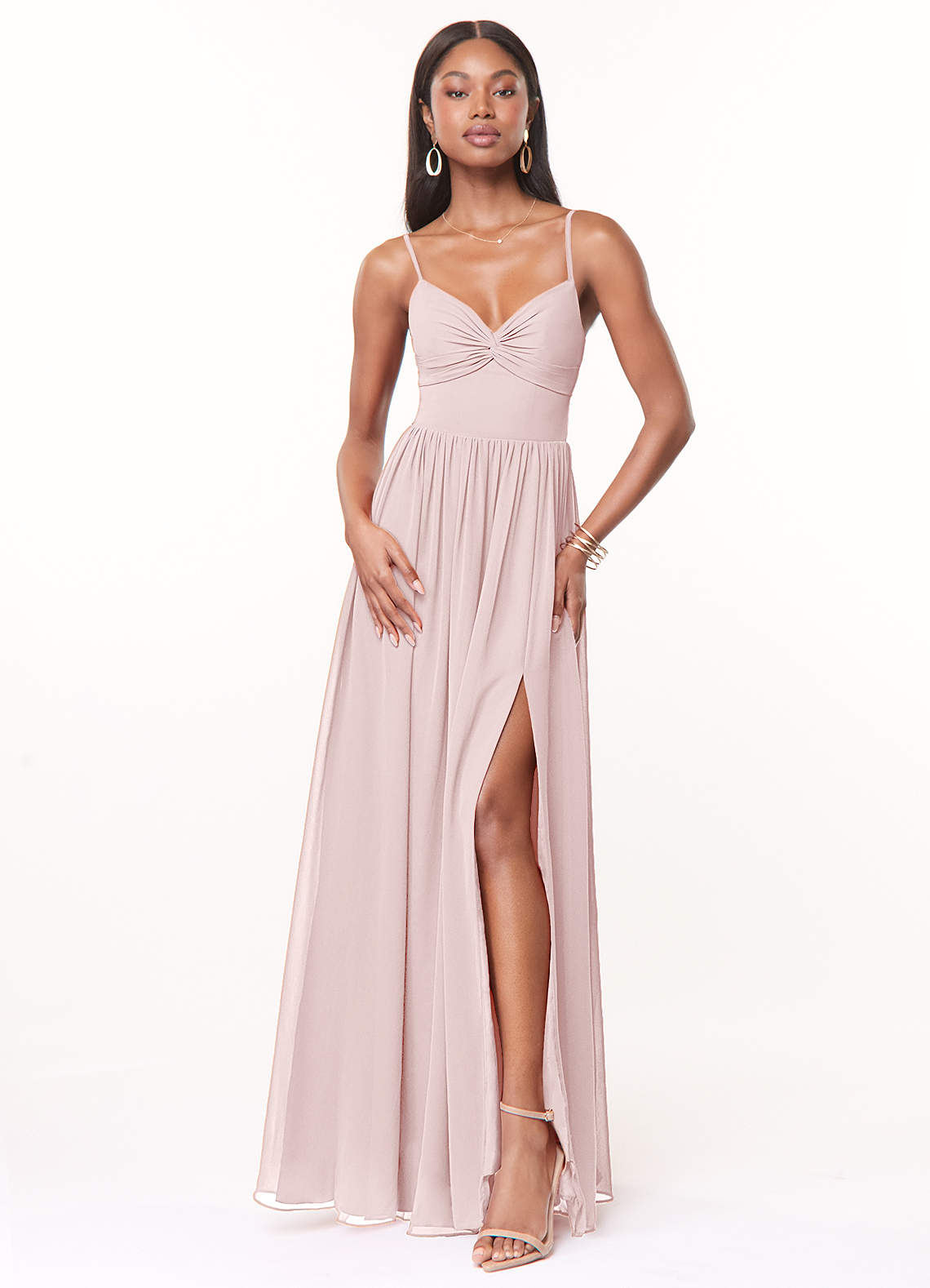 Azazie Zeya Brautjungfernkleider A-Linie V-Hals Gefaltet Chiffon Kleid Zartrosa image1