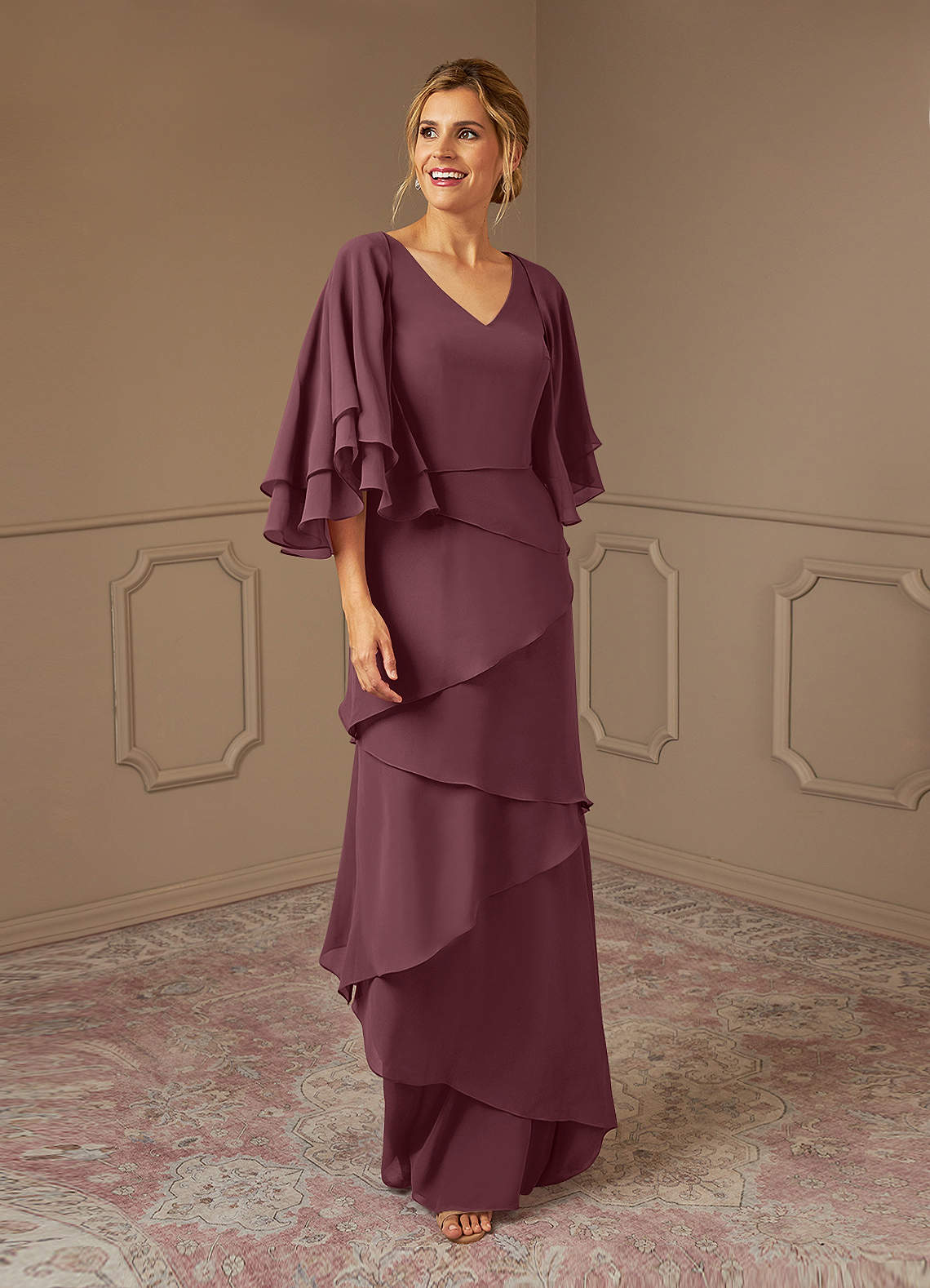 Azazie OHara Mother of the Bride Dresses Sangria A-Line V-Neck Chiffon Dress image1