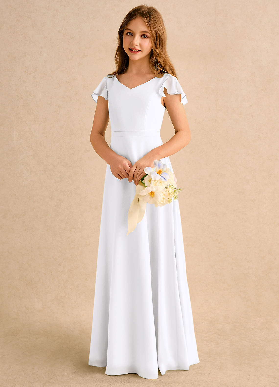 Azazie Nari Girls Formal Kukkatyttöjen mekot A-linja hihoilla Sifonki Lattian pituus Pukeutua image2