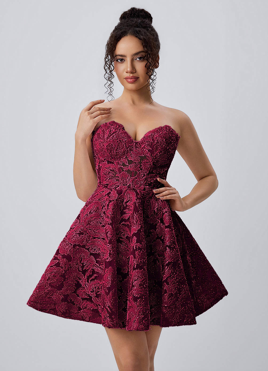 Mireille Burgundy Strapless Floral Lace Corset Skater Mini Dress