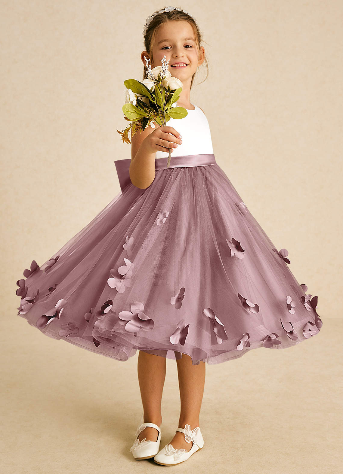 Azazie Sprout Flower Girl Dresses Dusty Rose A-Line Bow Tulle Dress image1