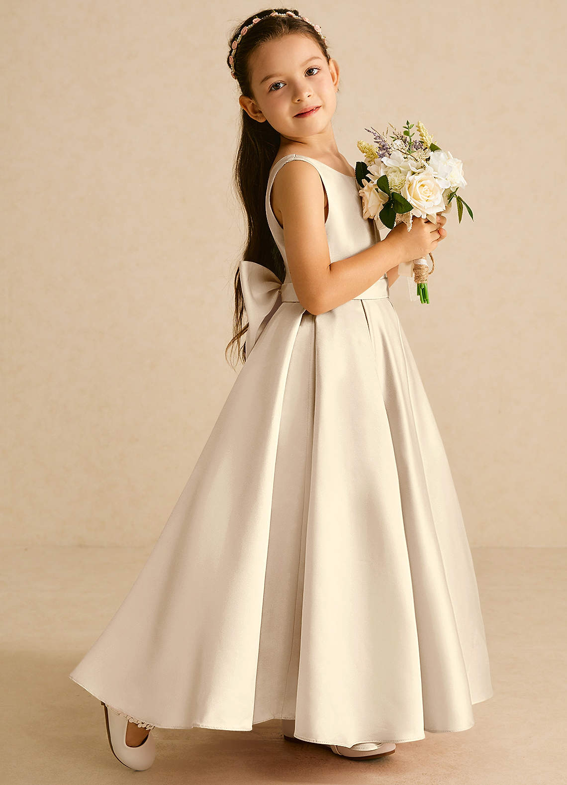 Azazie Pipsy Flower Girl Dresses Champagne A-Line Bow Matte Satin Dress image2