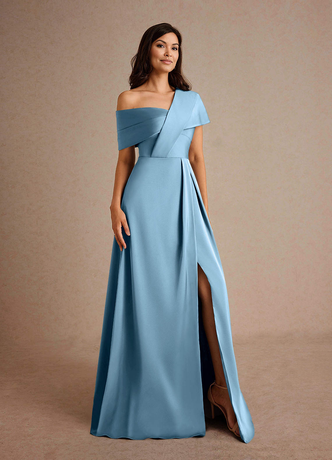 Azazie Milton Mother of the Bride Dresses Steel Blue A-Line Pleated Stretch Satin Dress image7
