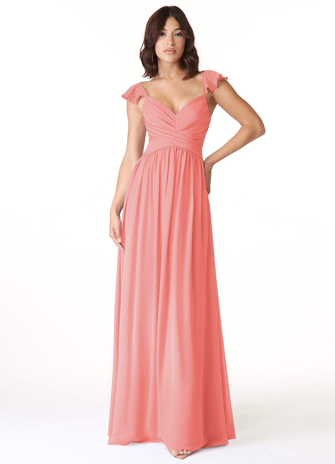 Azazie Lissa Bridesmaid Dresses Coral A-Line Lace Chiffon Dress image1