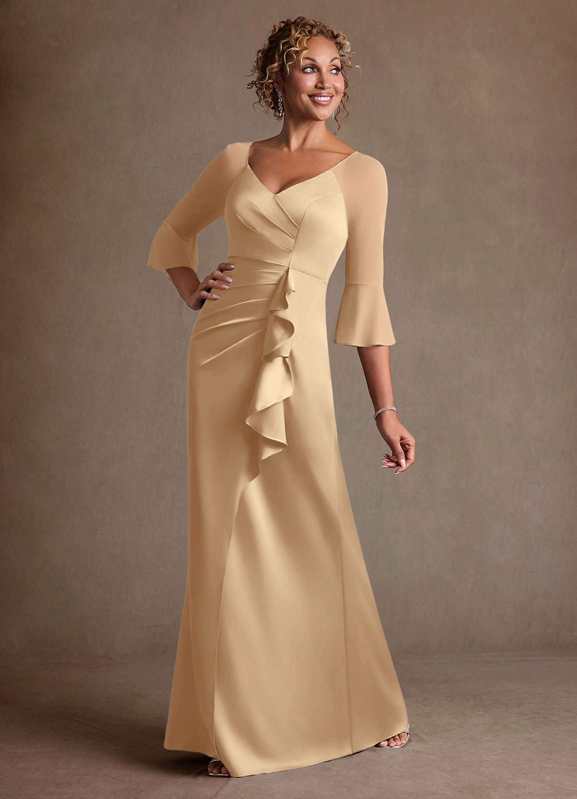 Azazie Nampa Final Sale Champagne Sheath Pleated Mesh Dress image3