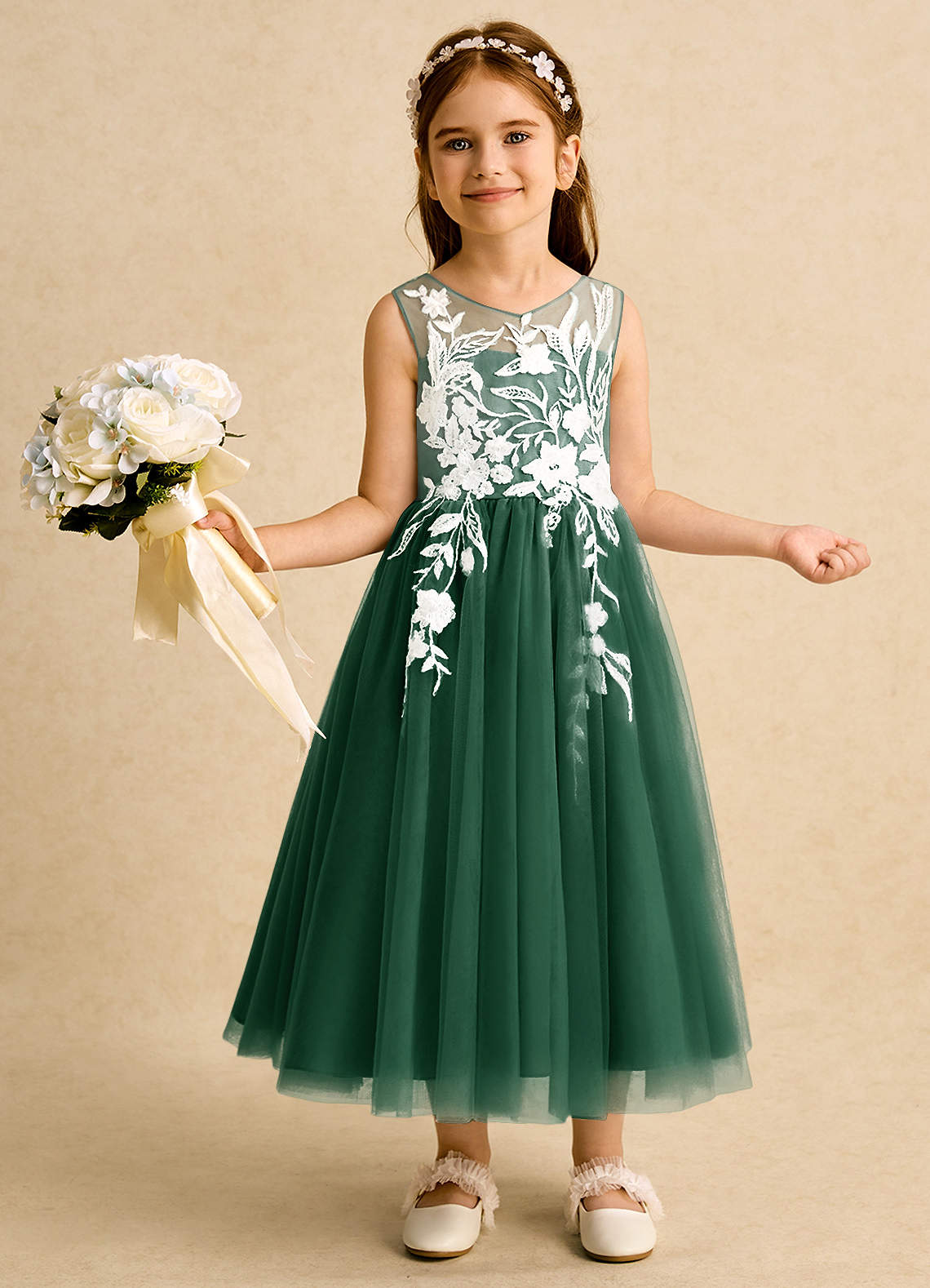 Azazie Sundae Flower Girl Dresses Dark Green Ball-Gown Lace Dress image1