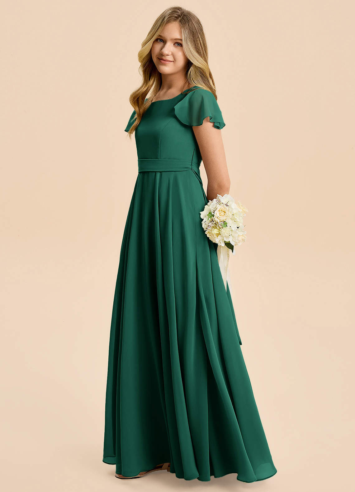 Azazie Cady Junior Emerald A-Line Pleated Chiffon Dress image6