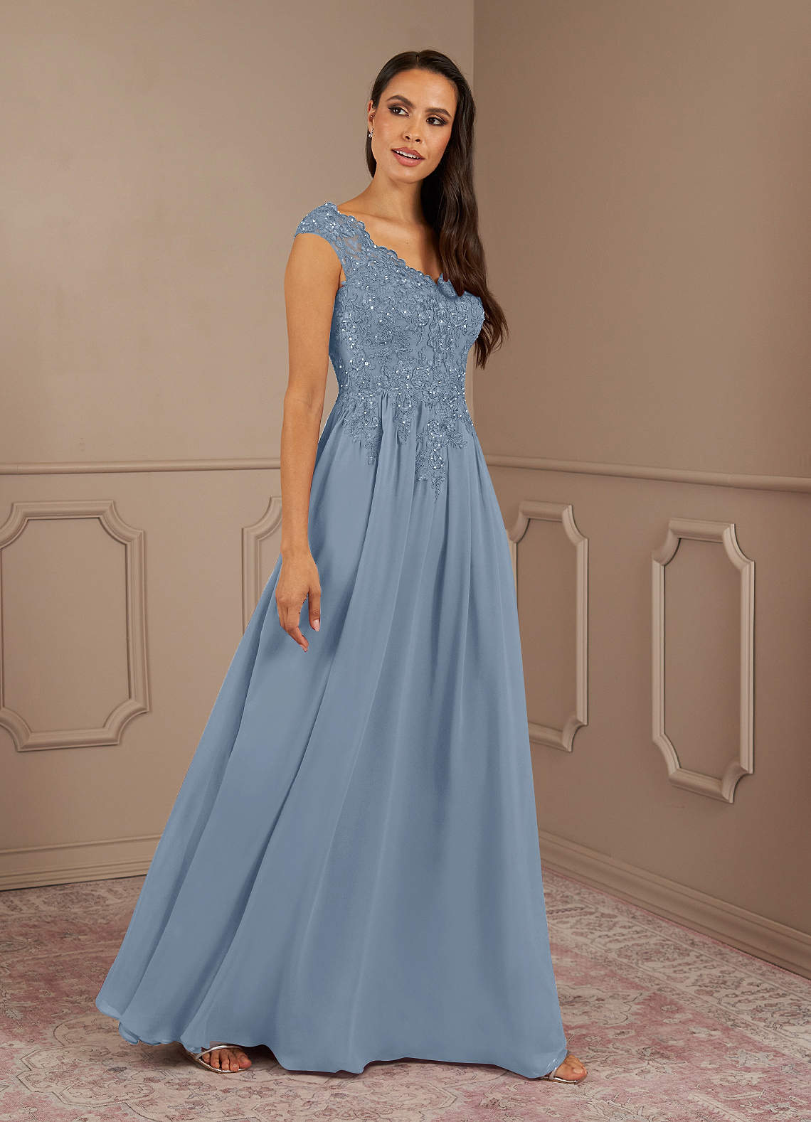 Azazie Amethyst Mother of the Bride Dresses Dusty Blue A-Line V-Neck Sequins Chiffon Dress image2