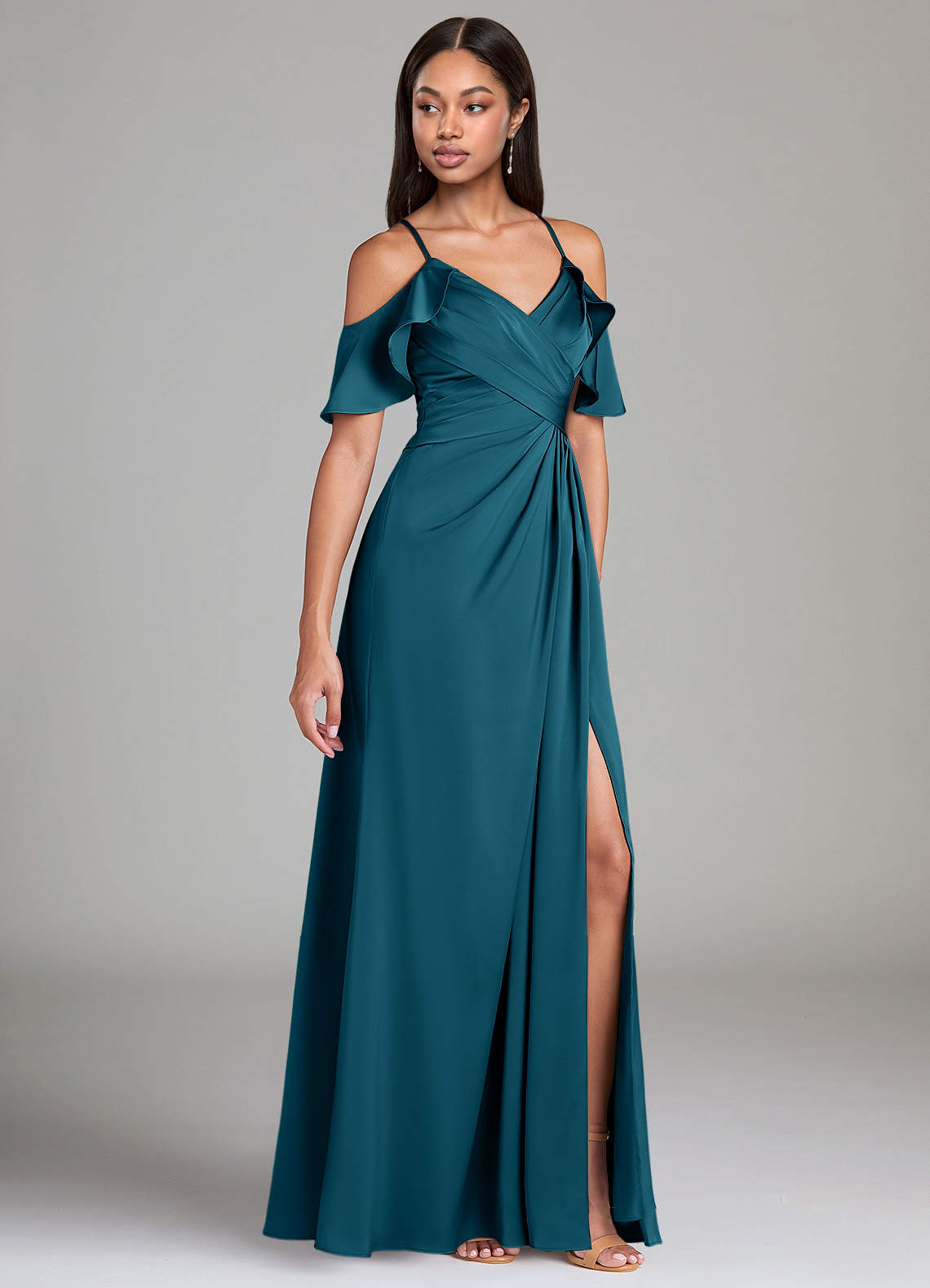Azazie Dakota Bridesmaid Dresses Ink Blue A-Line Off the Shoulder Stretch Satin Dress image1