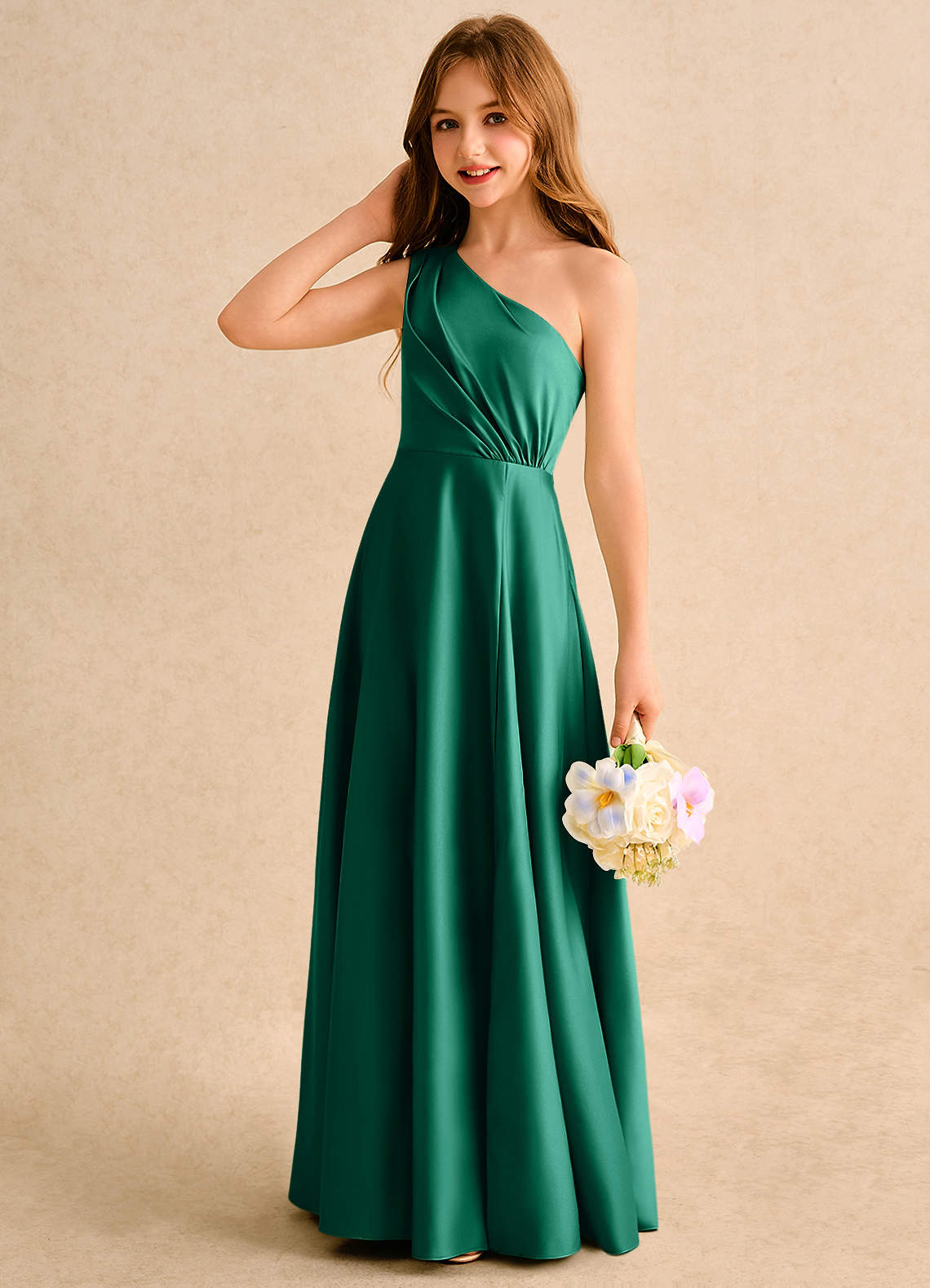Azazie Puddles Girls Formal Blumenmädchenkleider A-Linie One-Shoulder Matte Satin Kleid Smaragd image5