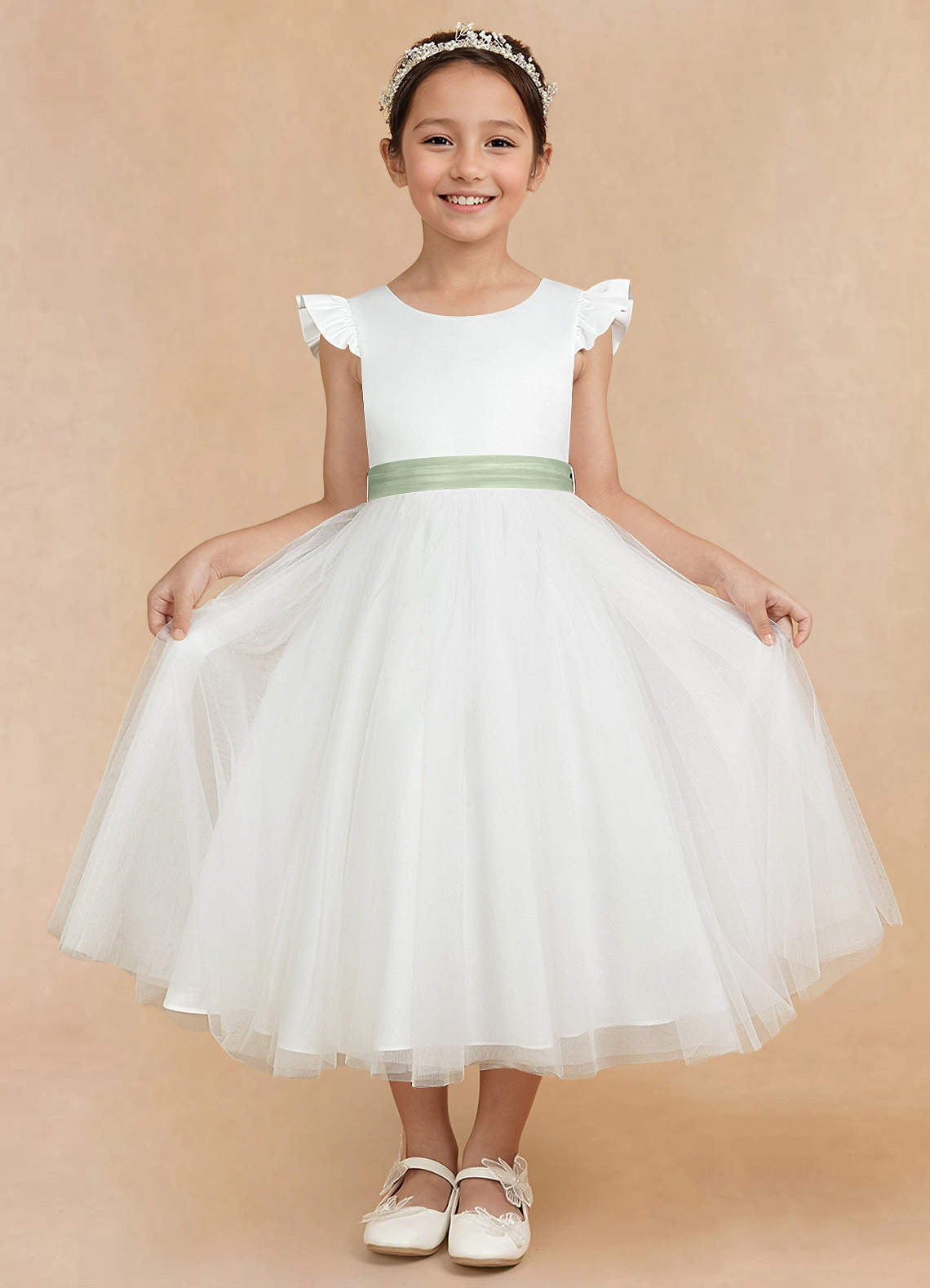 Azazie Hemi Flower Girl Dresses Ivory Dusty Sage A-Line Bow Tulle Dress image1