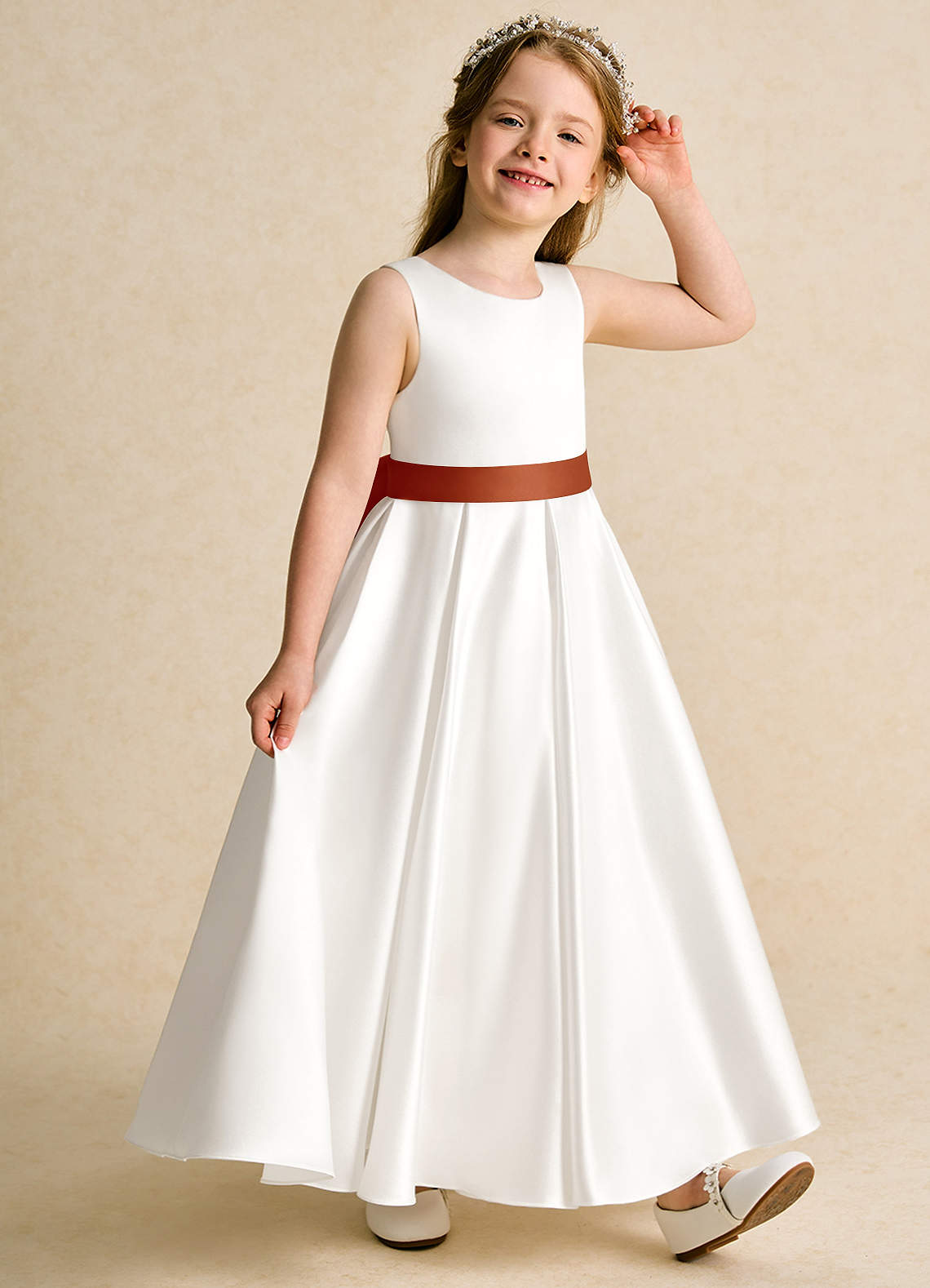 Azazie Cherry Flower Girl Dresses Ivory Paprika Ball-Gown Pleated Matte Satin Dress image4