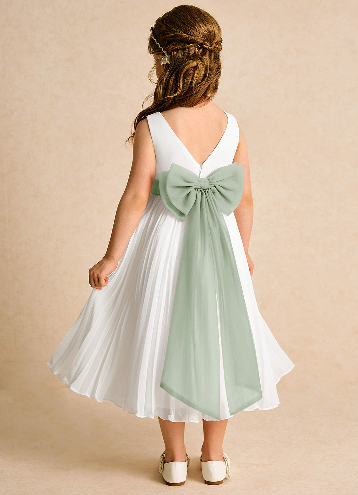 Azazie Margot vestidos de niña de las flores Vestido de Marfil Salvia Polvorienta de Gasa de Corte En A con Plisado image4