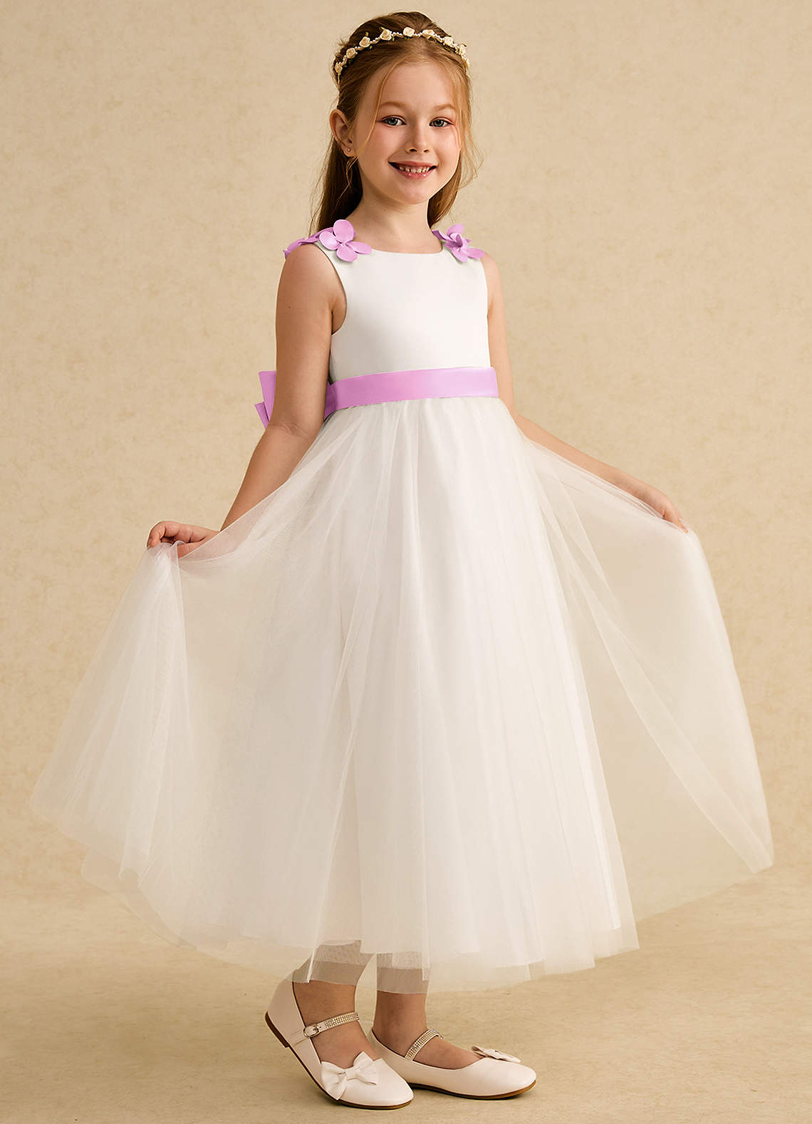 Azazie Lilli Flower Girl Dresses Ivory Candy Pink A-Line Bow Tulle Dress image1