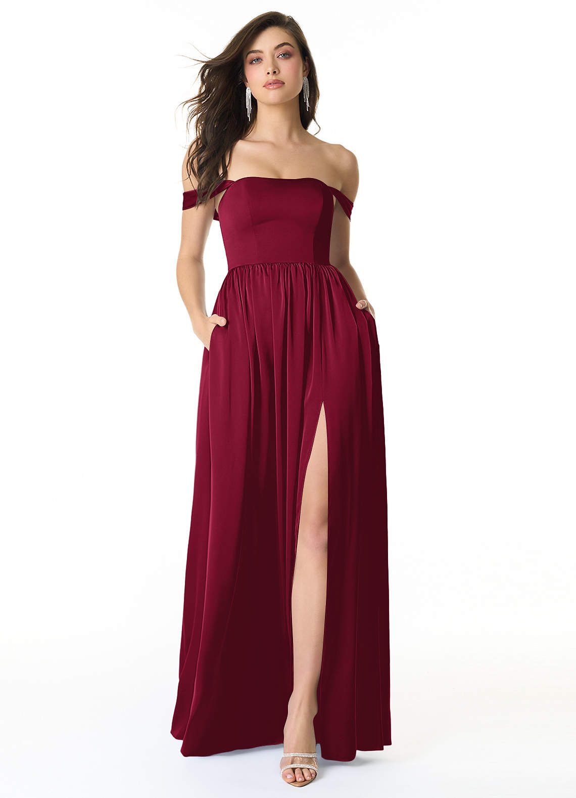 Azazie Morana Bridesmaid Dresses Burgundy A-Line Off the Shoulder Stretch Satin Convertible Dress image1